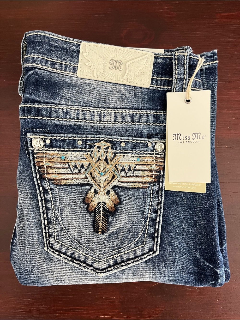 Miss Me Jeans Womens 31x34 Blue Bootcut Mid Rise Stretch Sequins Aztec NWT